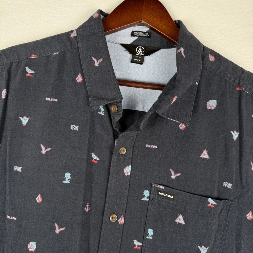 Volcom Mens XL Palm Tree Stone AOP Short Sleeve Button Down Shirt A04217T3